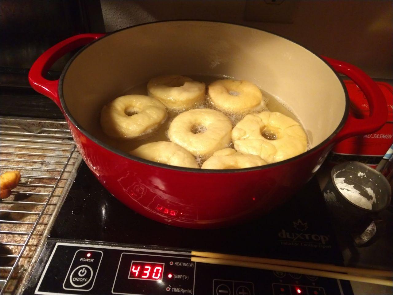 Dontus frying in a dutch oven on an induction burner.