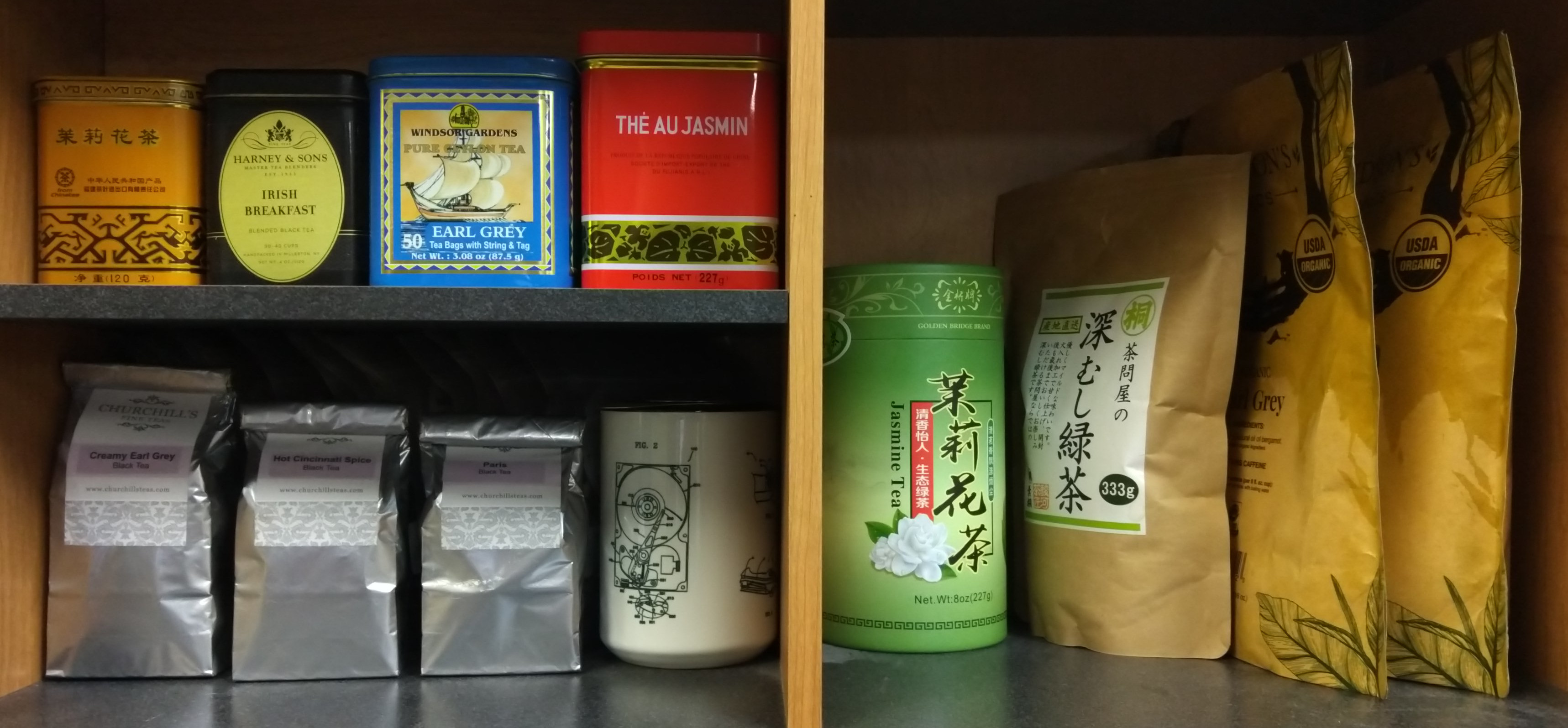 My tea shelf at work.